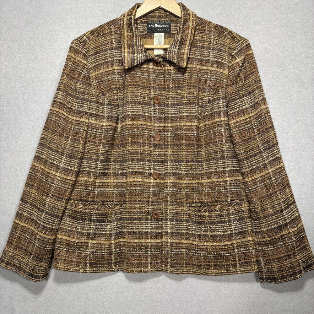 Sag Harbor Brown Plaid Jacket 12 Petite Button Retro Classic Academia Neutrals‎